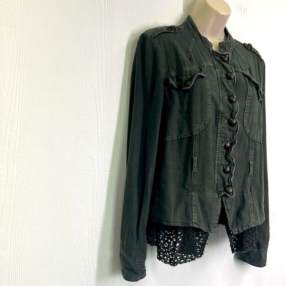Free People - Emilia Linen Blend Military Olive Color Lace Trim Army Jacket XS - Picture 4 of 14